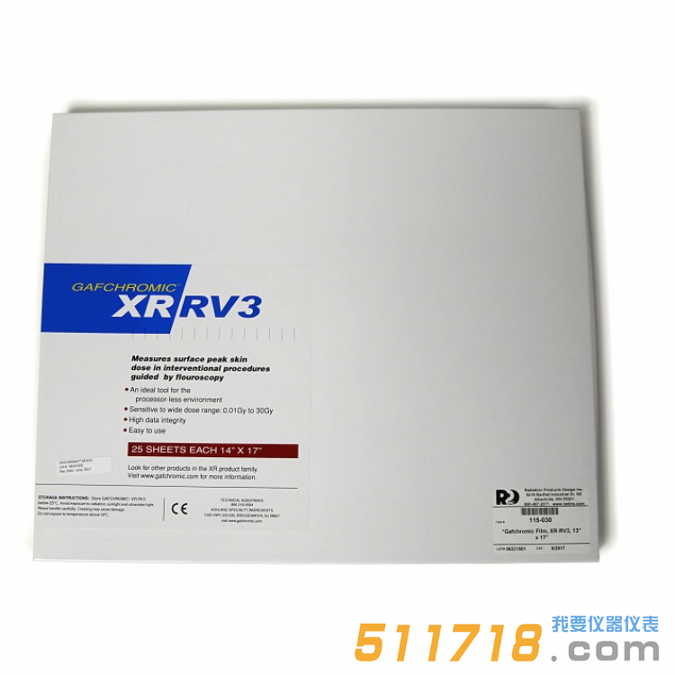 美国Ashland Gafchromic XR-RV3皮肤剂量QA免冲洗胶片